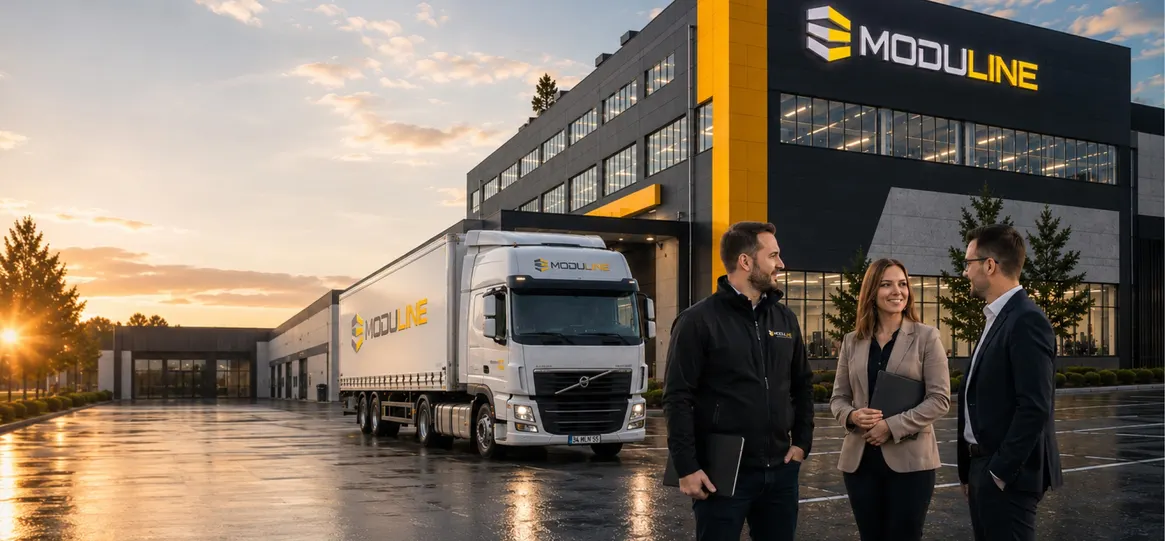 Camioane Moduline în fața fabricii la apus, cu trei colegi discutând