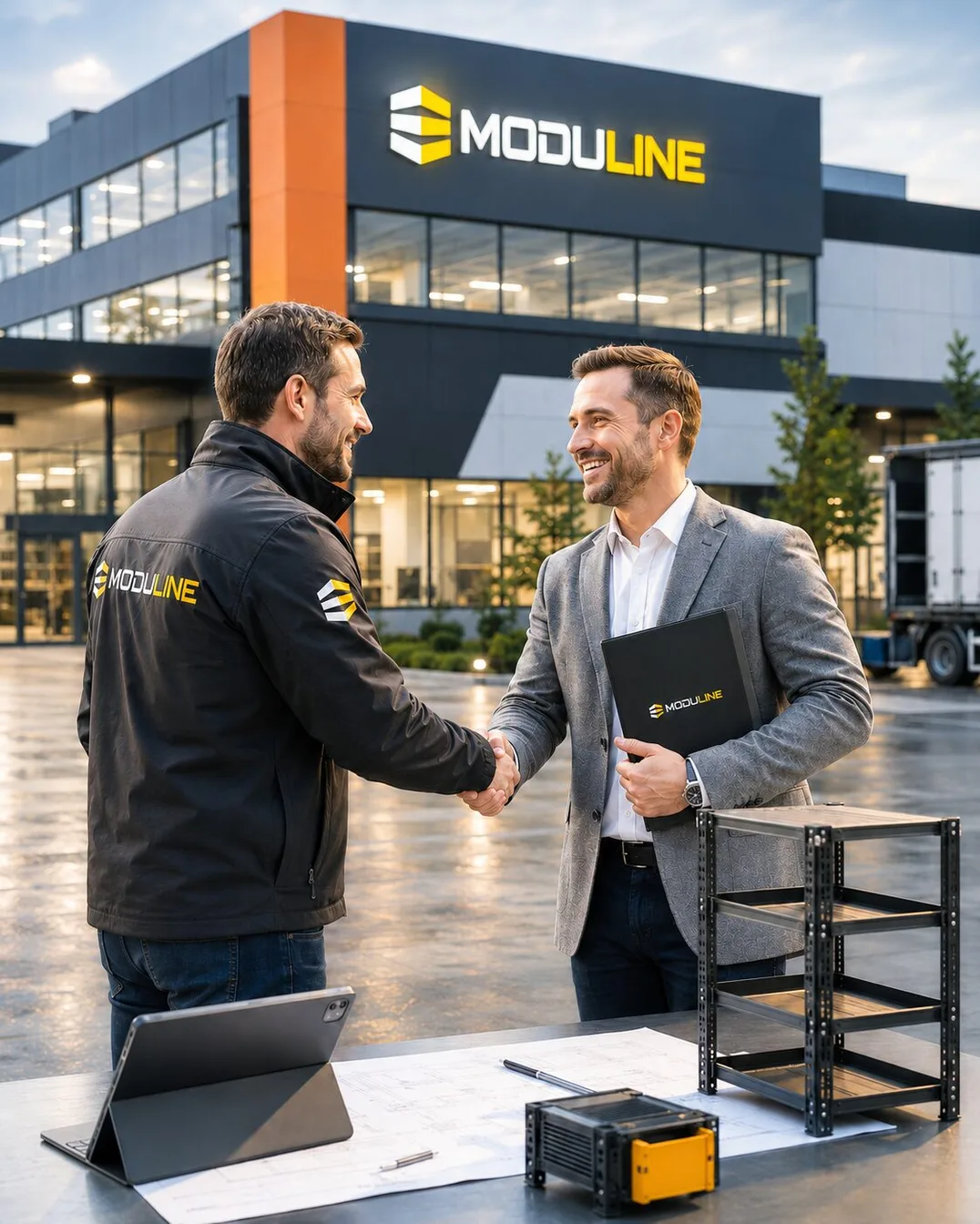 Un membru al echipei Moduline dă mâna cu un partener