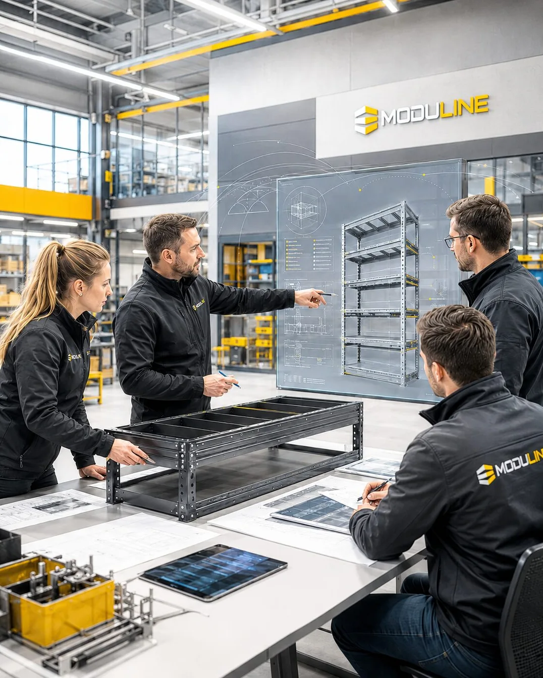 Personalul Moduline consiliază clienții lângă un raft