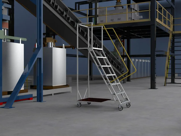Scară cu platformă Cirus sub o mezanină într-un centru logistic
