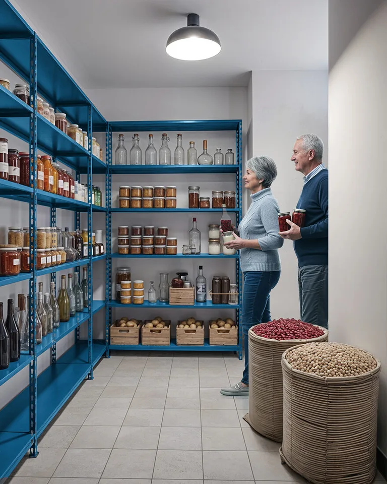 Raft BOX albastru cu borcane și produse într-o pivniță