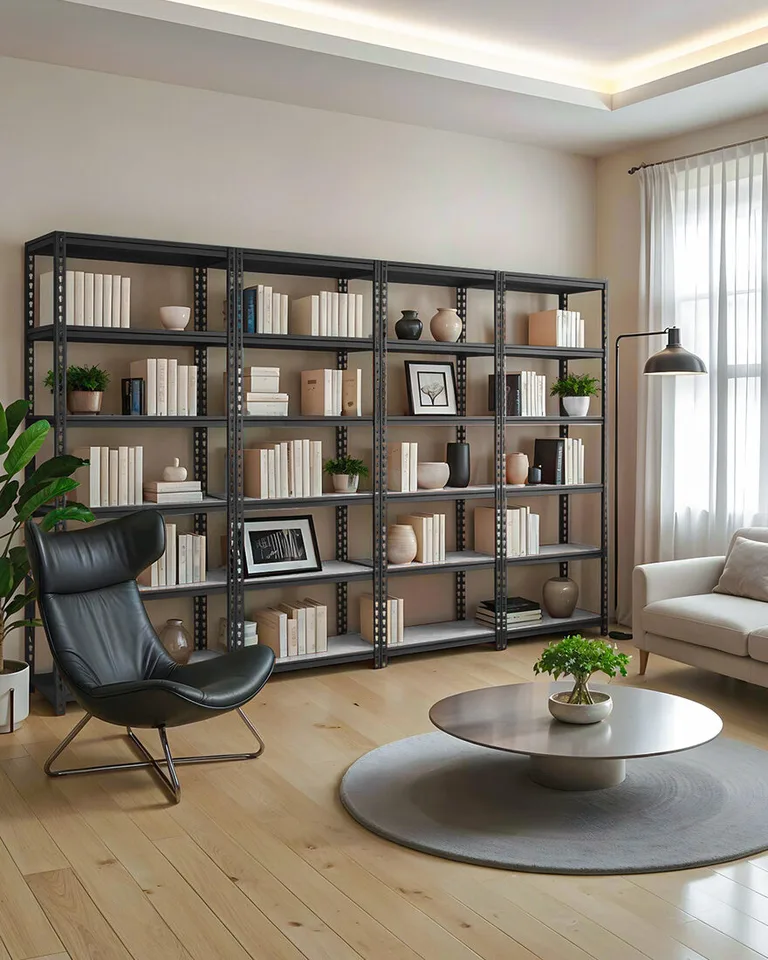 Raft BOX negru ca bibliotecă pe tot peretele unui living