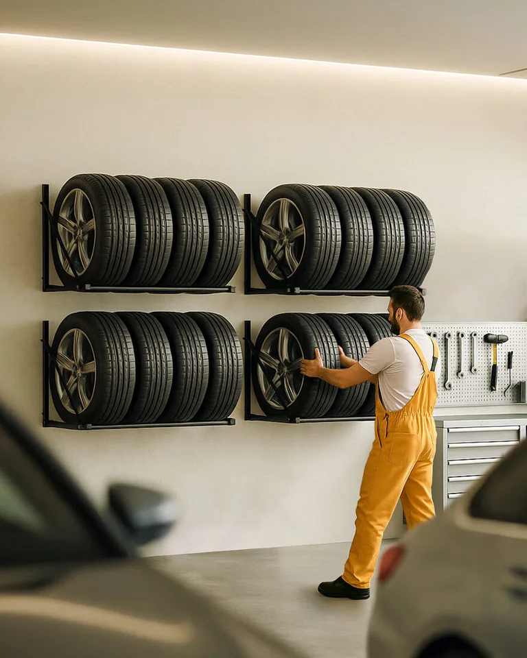 Anvelope depozitate pe suporturi de perete Runden într-un service auto